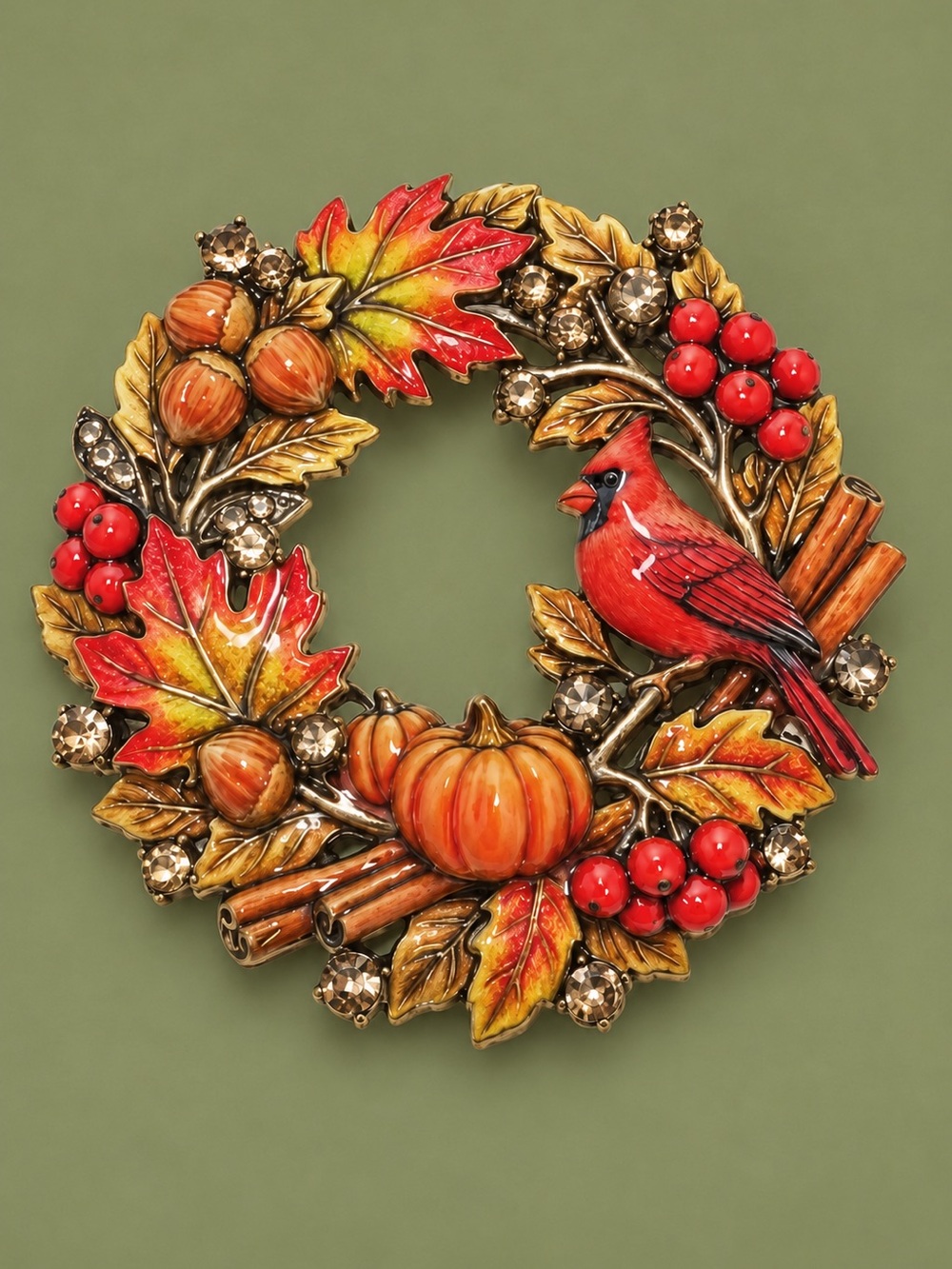 Autumn Cardinal Wreath Pumpkin Crystal Brooch